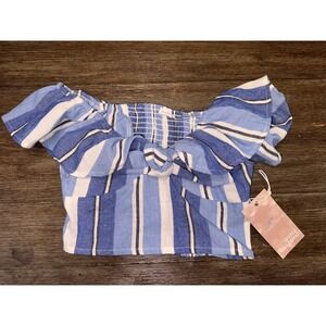 Simply Blessed Blue Stripe Off Shoulder Smocked Knot Front Crop Top Size S